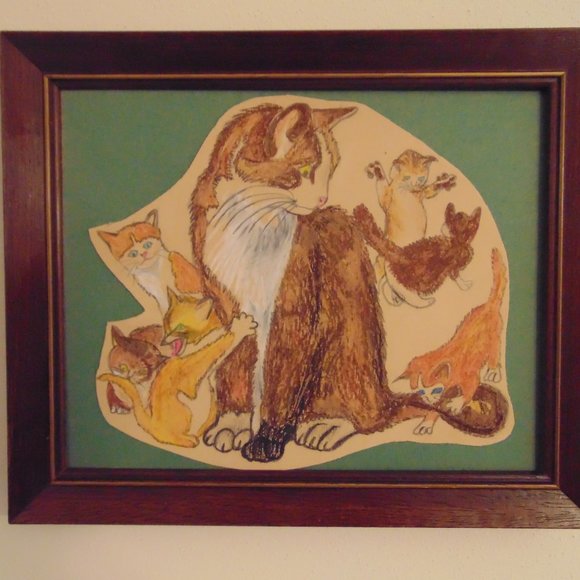 Mother Cat with Kittens, Original Pencil Sketch with Oil Pastels, 11.38x9.38 - Picture 2 of 8